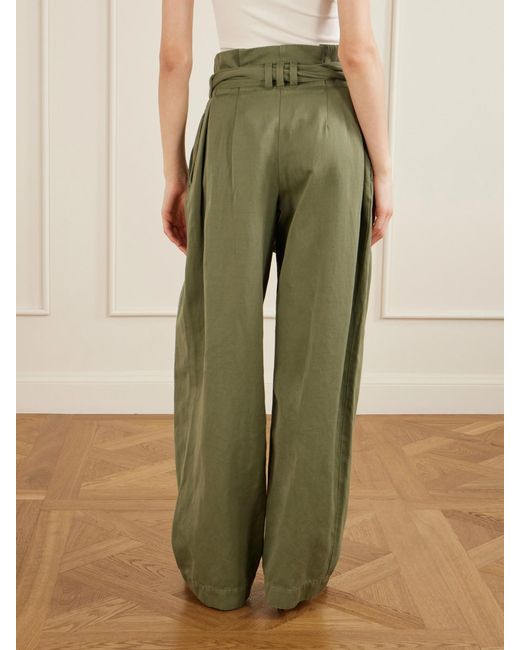 Balmain Green Belted Pleated Cotton And Linen-Blend Twill Tapered Pants