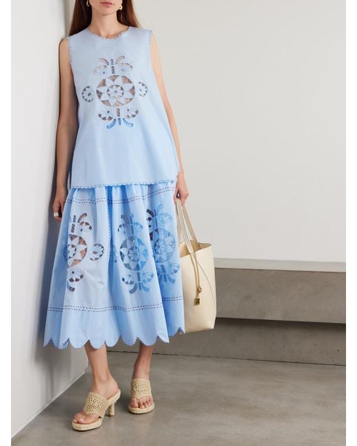 Vita Kin Blue Havana Scalloped Pleated Broderie Anglaise Cotton-Poplin Midi Skirt