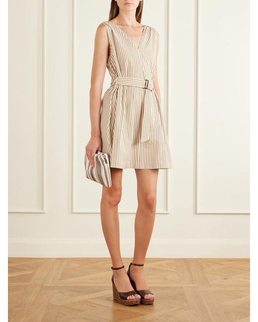 Brunello Cucinelli Natural Belted Seersucker Cotton-Blend Mini Dress