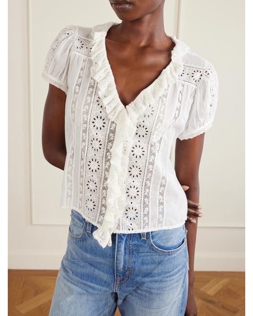 Doen White Clairette Cropped Ruffled Lace-Trimmed Organic Cotton-Voile Top