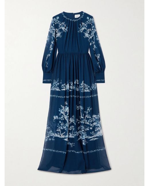 Erdem Blue Printed Silk-Voile Gown