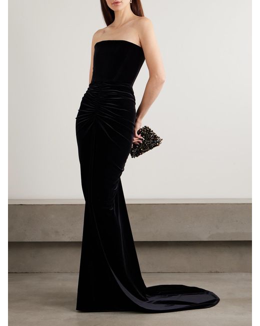 Alex Perry Strapless Ruched Velvet Gown in Black | Lyst UK