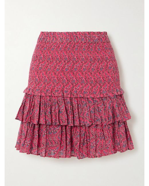 Isabel Marant Red Naomi Minirock Aus Baumwoll-Voile Mit Blumenprint, Raffungen Und Stufen
