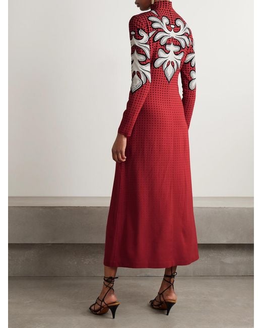 LaDoubleJ Red Icon Halle Printed Crepe Turtleneck Midi Dress