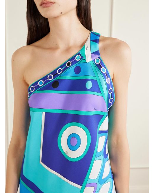 Emilio Pucci Blue Printed Asymmetric One-Shoulder Silk-Twill Dress