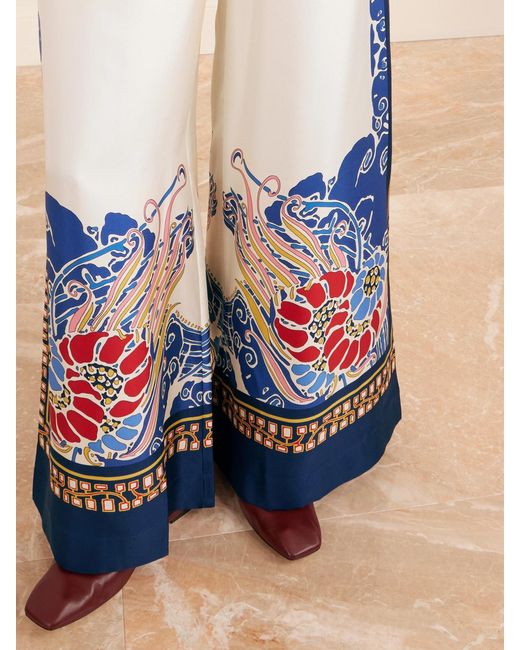 LaDoubleJ Blue Printed Silk-Twill Wide-Leg Pants