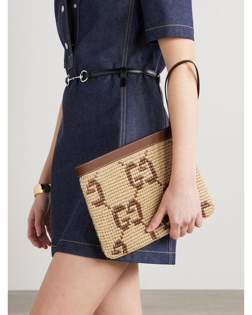 Gucci Natural Leather-Trimmed Crocheted Raffia Clutch