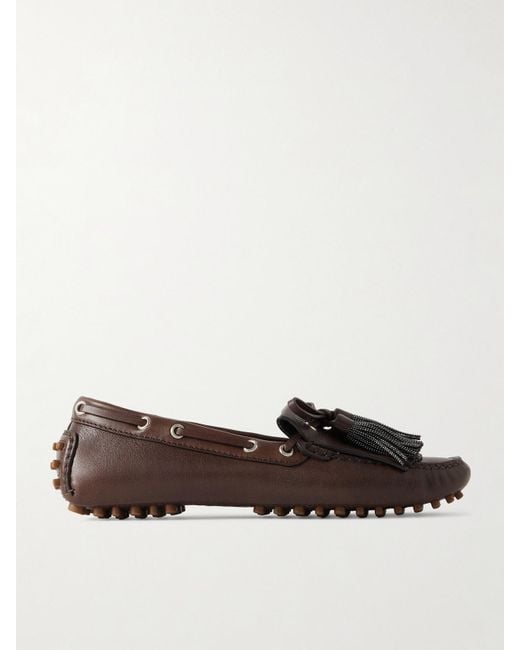 Brunello Cucinelli Brown Tasseled Fringed Bead-Embellished Leather Loafers