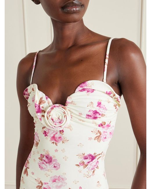 Magda Butrym Pink Embellished Gathered Floral-Print Swimsuit