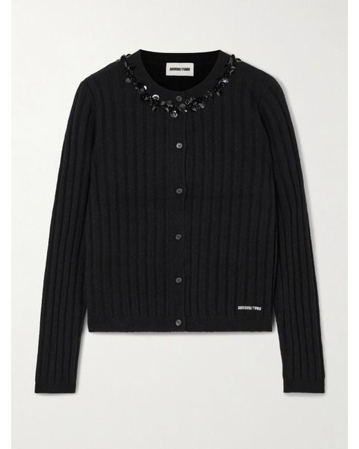 ShuShu/Tong Black Embellished Embroidered Ribbed Wool-Blend Cardigan