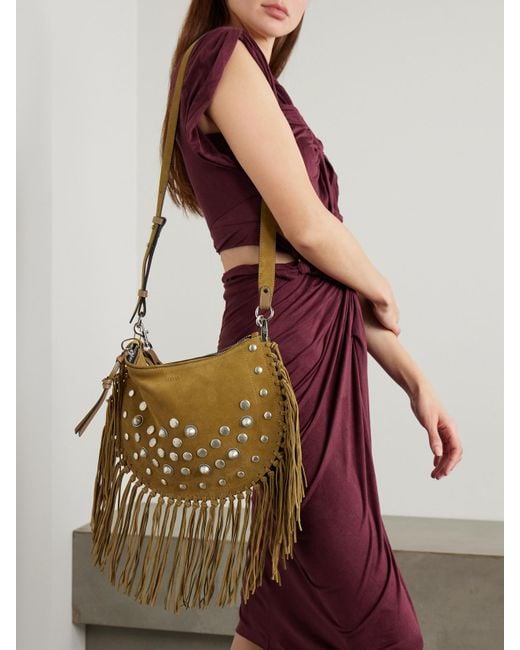 Isabel Marant Metallic Oskan Soft Zipped Schultertasche Aus Veloursleder Mit Fransen Und Nieten