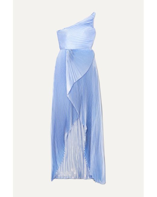 SemSem Blue One-shoulder Asymmetric Pleated Silk And Lurex-blend Gown