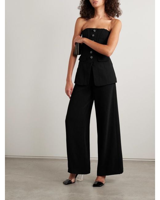 Self-Portrait Black Convertible Strapless Crystal-Embellished Peplum Crepe Jumpsuit