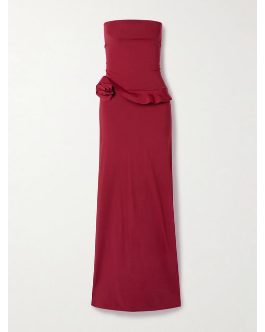 Maygel Coronel Red Caracola Strapless Appliquéd Stretch-Jersey Maxi Dress