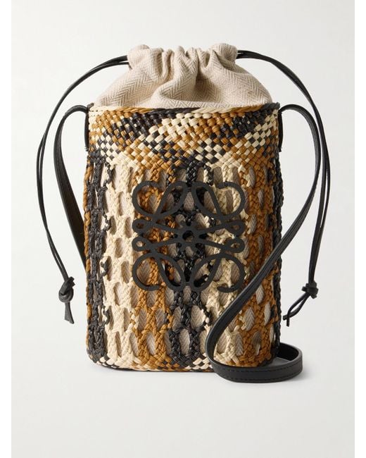 Loewe Brown Paula's Ibiza Anagram Leather-Trimmed Woven Raffia Bucket Bag