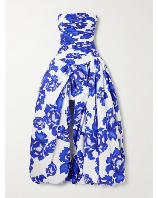 Aje. Blue Behold Strapless Ruched Floral-Print Cotton-Poplin Gown