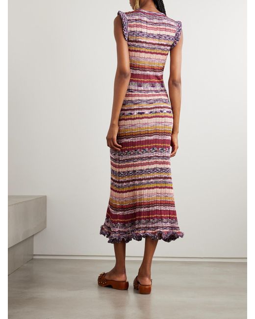 Ulla Johnson Red Ajak Midikleid Aus Gestreiftem Rippstrick Mit Rüschen