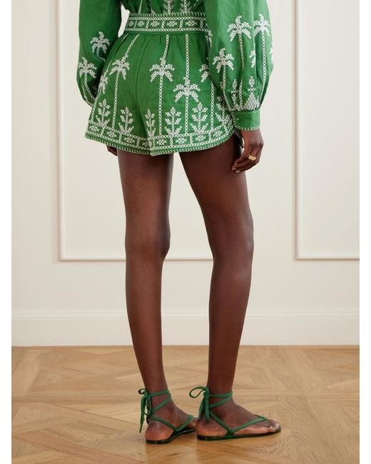 Farm Rio Green Embroidered Linen Shorts