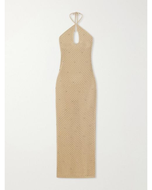Staud White Isola Embellished Crocheted Cotton Halterneck Maxi Dress