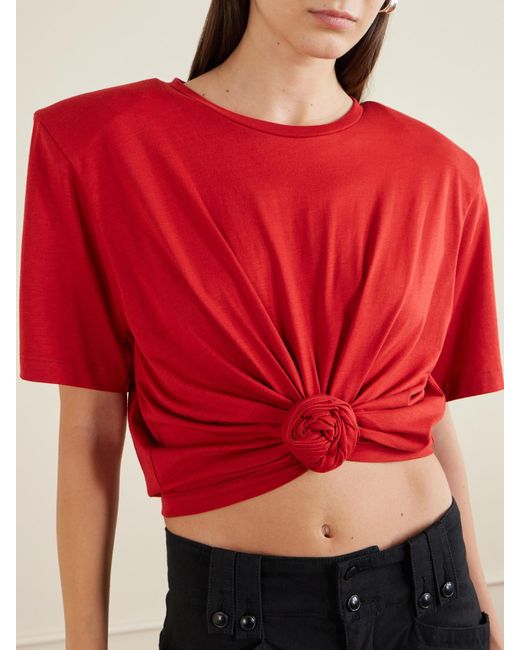 Magda Butrym Red Knotted Cropped Cotton-Blend Jersey T-Shirt