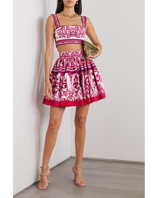Dolce & Gabbana Pink Maiolica Minirock Aus Bedruckter Baumwollpopeline Mit Falten