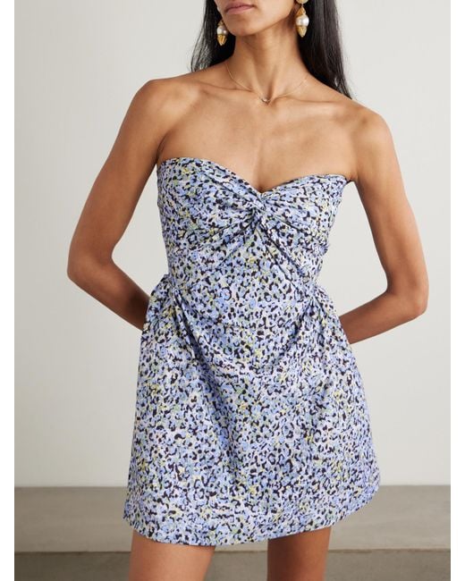 Kika Vargas Blue Rossy Strapless Gathered Printed Twill Mini Dress