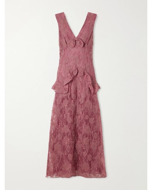 Anna Sui Purple Bow-Detail Lace-Embroidered Midi Dress