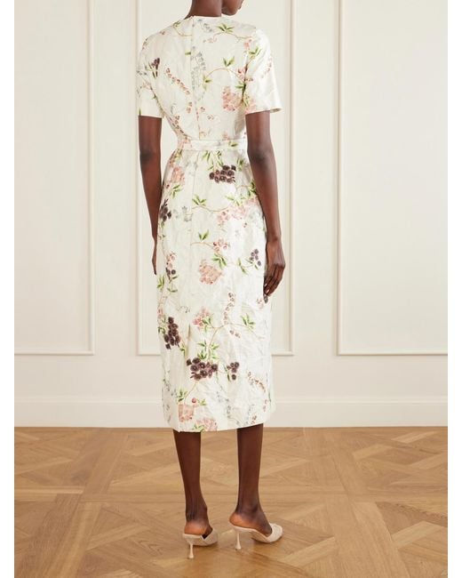 Erdem Natural Belted Floral-Print Crinkled Satin Midi Dress