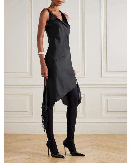 Courreges Black Asymmetrical Lace-Trimmed Satin Mini Dress