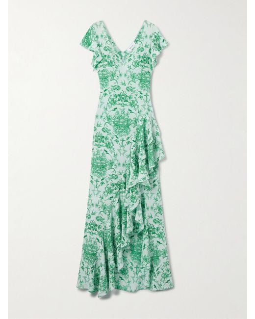 Robe Longue Asymétrique En Satin De Soie Imprimé À Volants Alexander McQueen en coloris Green