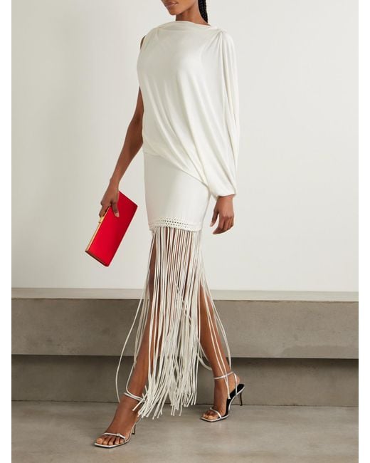 Faithfull The Brand White Colmar One-Sleeve Fringed Draped Stretch-Jersey Dress