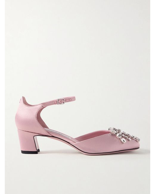 Jimmy Choo Pink Verity 45 Crystal-Embellished Satin Mary Jane Pumps