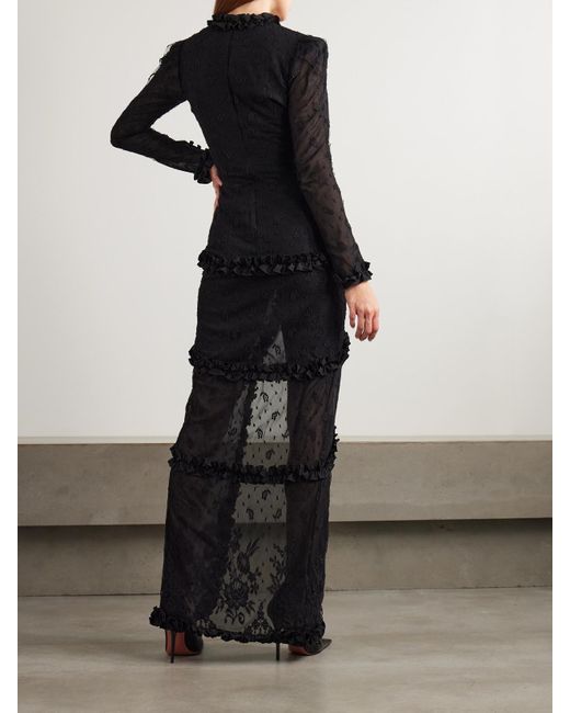 Alessandra Rich Black Ruffled Crepe-Trimmed Embroidered Point D'Esprit Gown