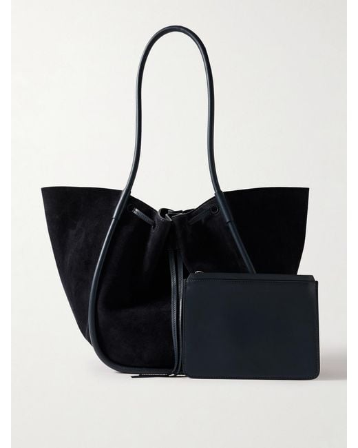 Proenza Schouler Black Large Leather-Trimmed Ruched Suede Tote