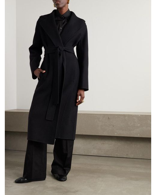 The Row Black Malika Belted Wool-Blend Coat