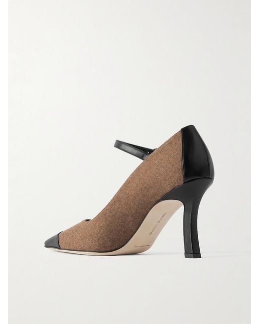 Manolo Blahnik White Semele 90 Leather-Trimmed Brushed Tweed Mary Jane Pumps