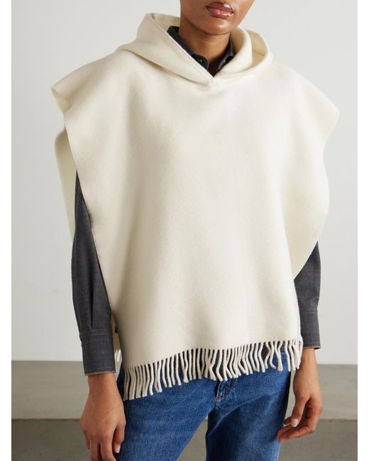Brunello Cucinelli Natural Hooded Fringed Wool And Cashmere-Blend Felt Poncho