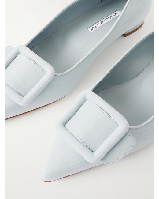 Manolo Blahnik White Maysale Buckled Suede Point-Toe Flats