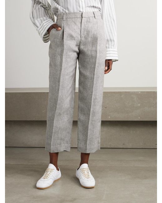 Brunello Cucinelli Gray Cropped Pleated Hemp And Linen-Blend Straight-Leg Pants