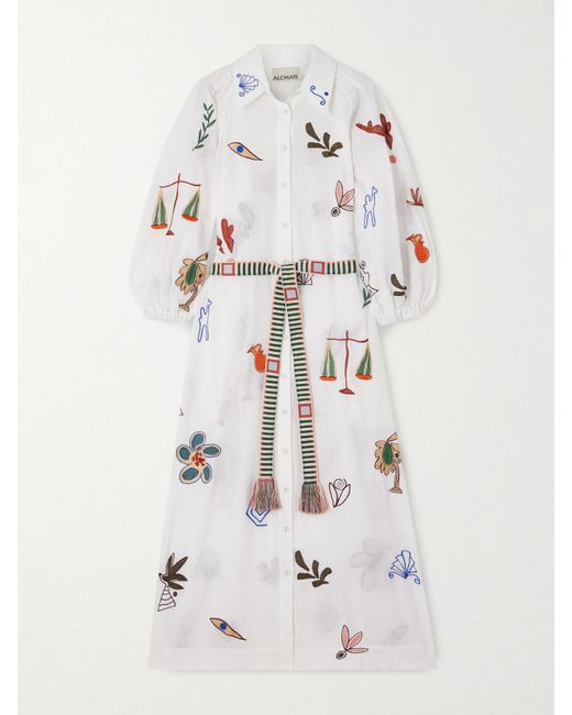ALÉMAIS White Lrnce Mina Embroidered Ramie Midi Shirt Dress