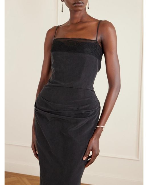 Magda Butrym Blue Draped Lace-Trimmed Silk-Satin Midi Dress