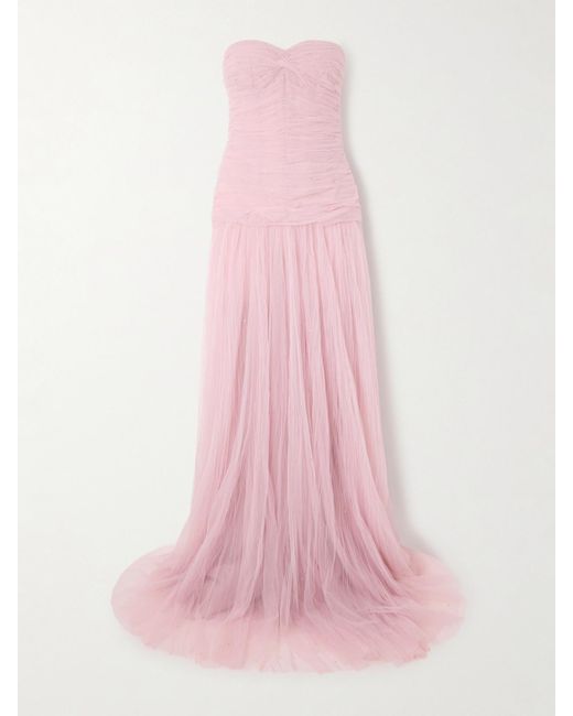 Marmar Halim Pink Strapless Bead-Embellished Plissé-Tulle Gown