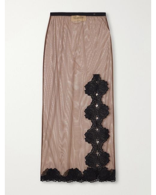 Valentino Garavani Natural Lace-Trimmed Tulle Midi Skirt