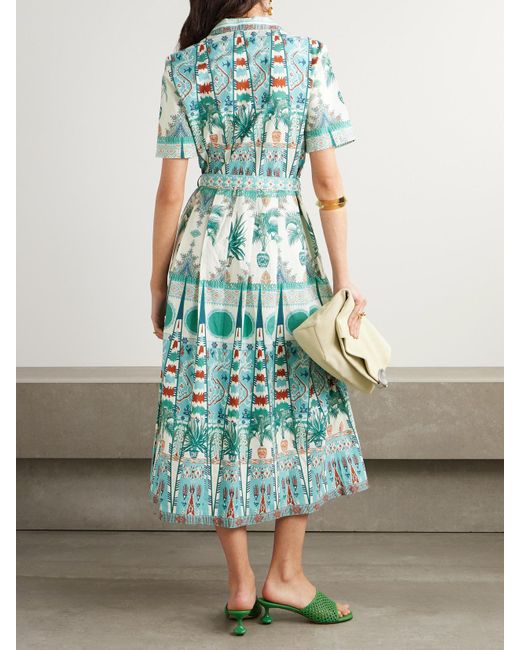 Emporio Sirenuse Green Claudia Belted Pleated Printed Cotton-Poplin Midi Shirt Dress