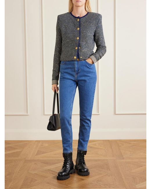 Balmain Blue Metallic-Trimmed Tweed Cardigan