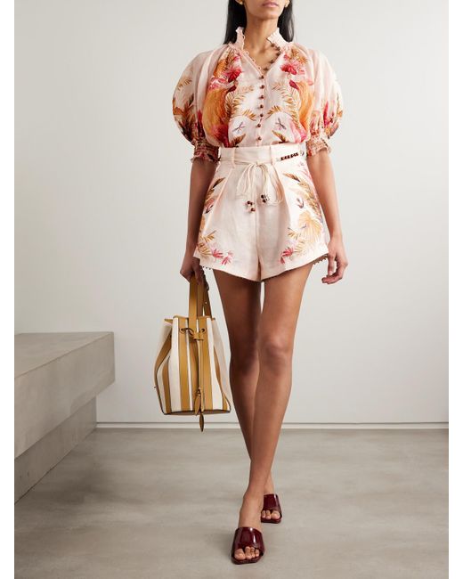 Zimmermann Pink Ascension Geraffte Bluse Aus Ramie Mit Blumenprint Und Verzierungen