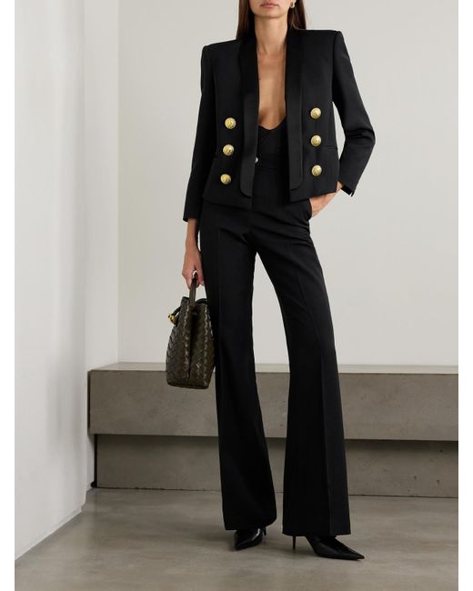 Balmain Black Embellished Satin-Trimmed Grain De Poudre Wool Jacket