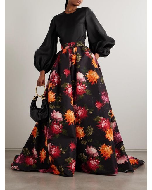 Carolina Herrera Red Pleated Floral-Print Faille Maxi Skirt