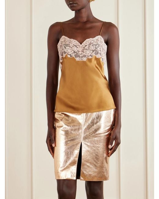 Saint Laurent Natural Lace-Trimmed Silk-Satin Camisole