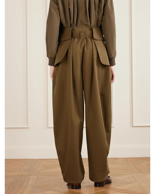 Loewe Green Belted Pleated Cotton And Silk-Blend Wide-Leg Pants